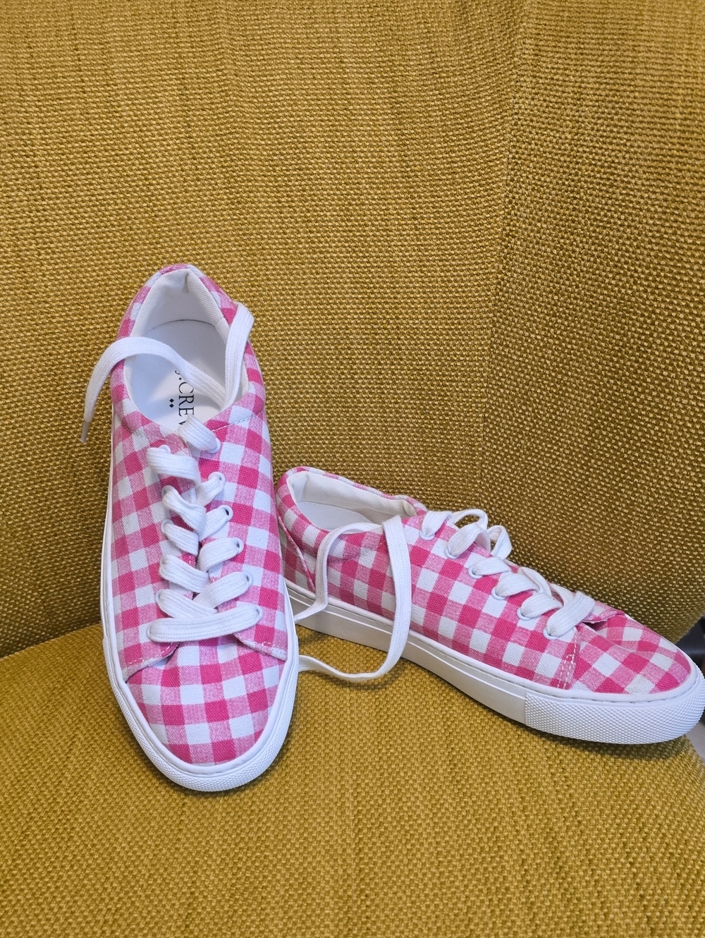 J. Crew Pink and White Gingham Canvas Sneakers